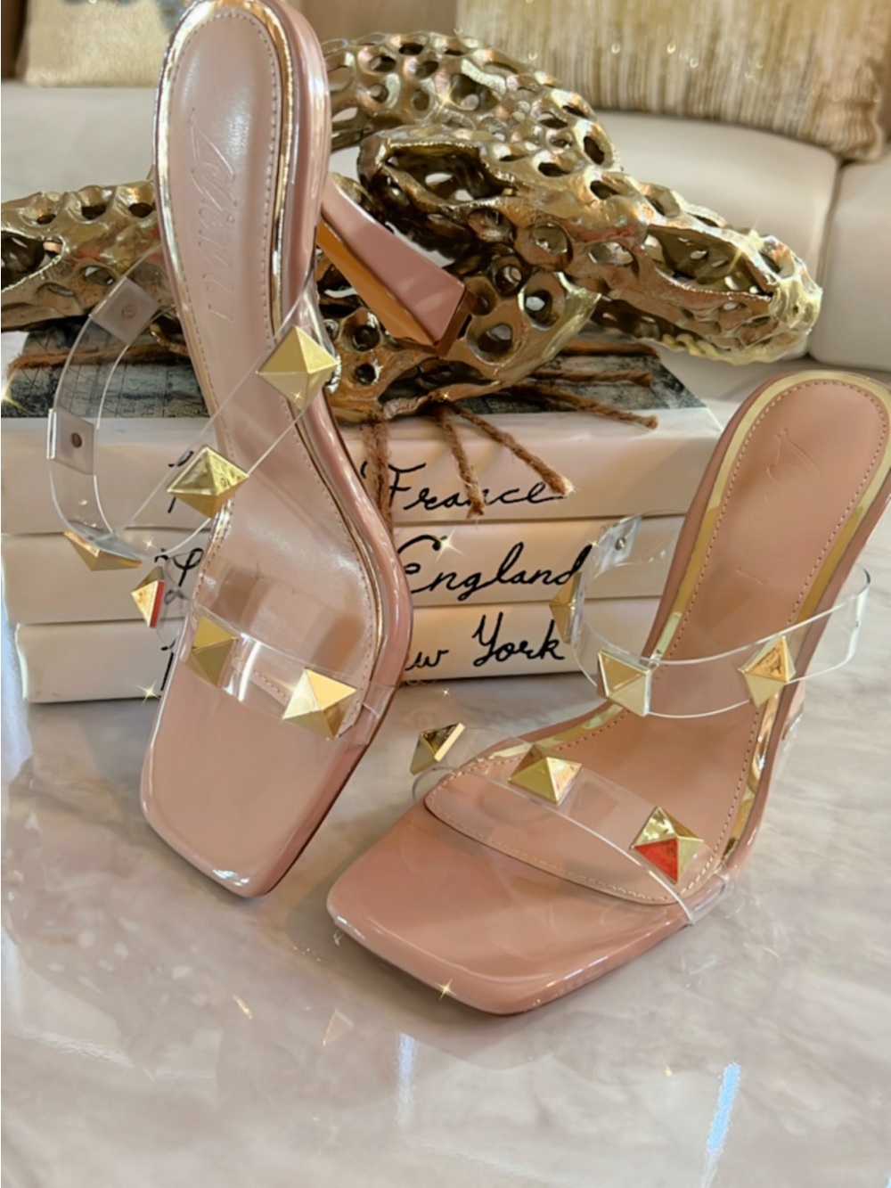 Women’s Pink Studded Clear-Strap Mules